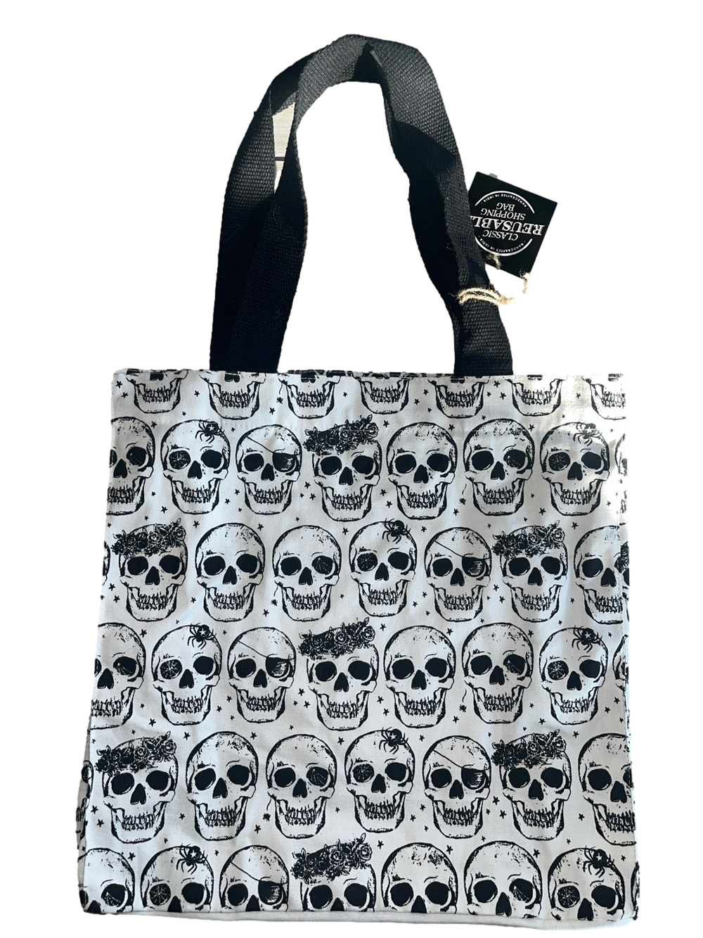 Skull Print XL Cotton Canvas Tote Bag with Black Handles